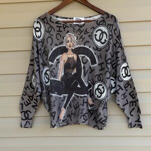 Free For Humanity Graphic Open Knit Lightweight Sweater